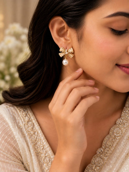 Korean Vintage-Style Bow &amp; Dangle Pearl Earrings