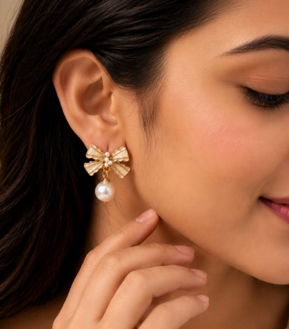Korean Vintage-Style Bow &amp; Dangle Pearl Earrings