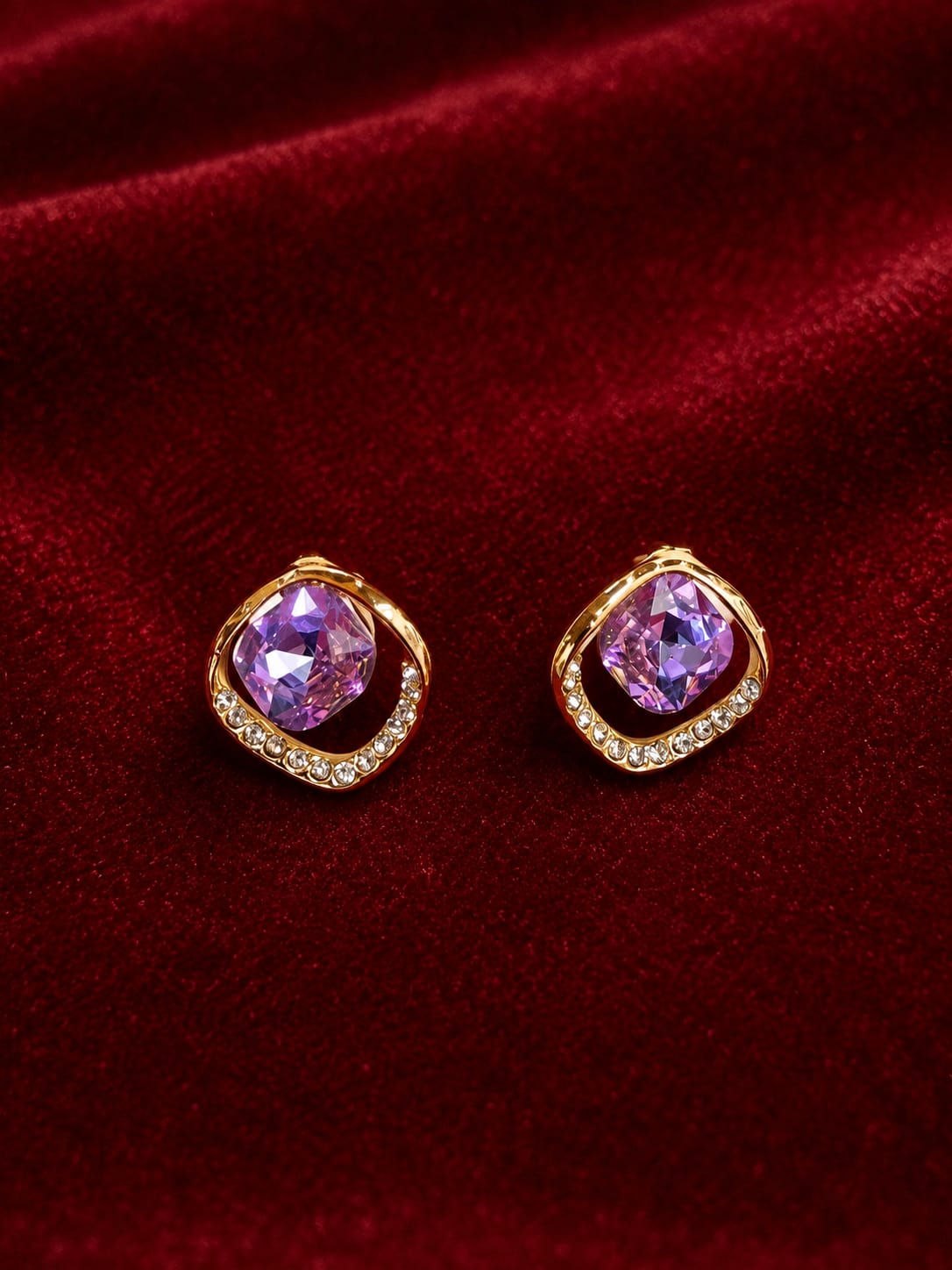 Elegant Korean-Style Purple Stone &amp; Diamond Accent Earrings