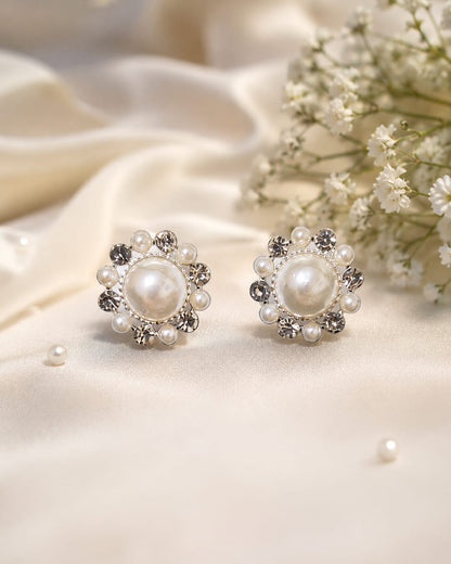 Korean Pearl & Crystal Halo Stud Earrings