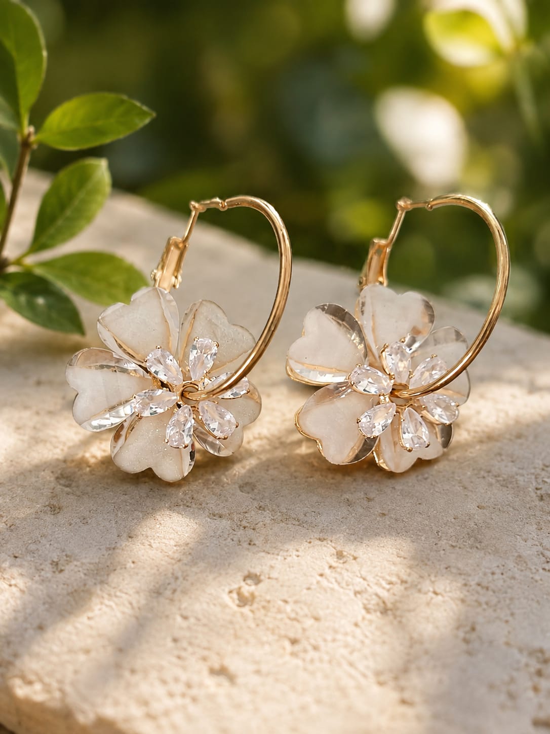Korean Gold-Plated White Floral Hoop Earrings