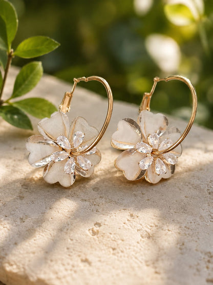 Korean Gold-Plated White Floral Hoop Earrings