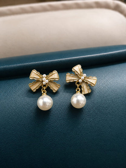 Korean Vintage-Style Bow &amp; Dangle Pearl Earrings