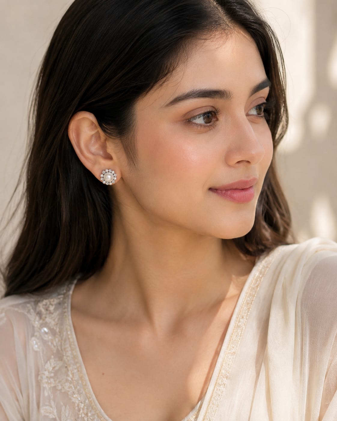 Korean Pearl & Crystal Halo Stud Earrings