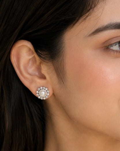 Korean Pearl & Crystal Halo Stud Earrings