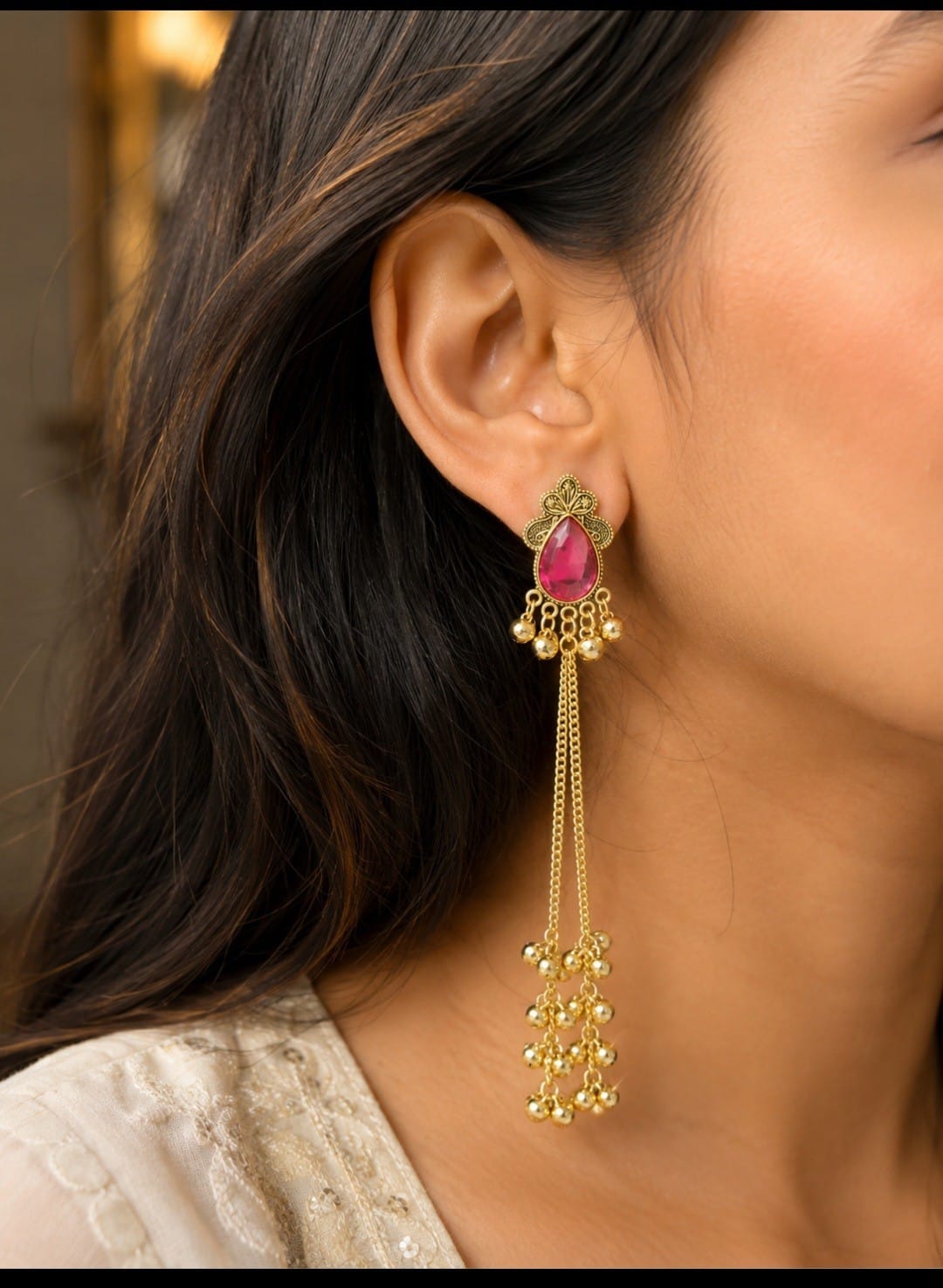 Royal Rani Pink Kashmiri Drop Earrings