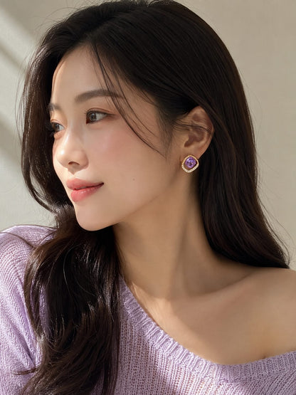 Elegant Korean-Style Purple Stone &amp; Diamond Accent Earrings