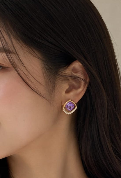 Elegant Korean-Style Purple Stone &amp; Diamond Accent Earrings