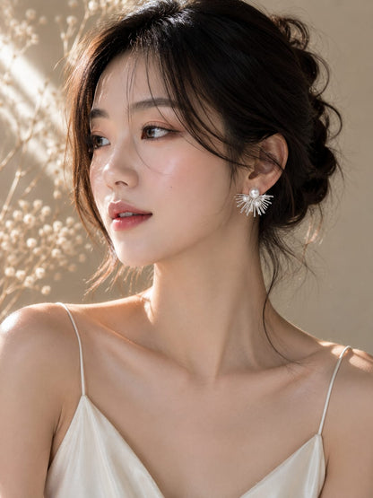 Korean White Pearl &amp; Silver Radiance Earrings