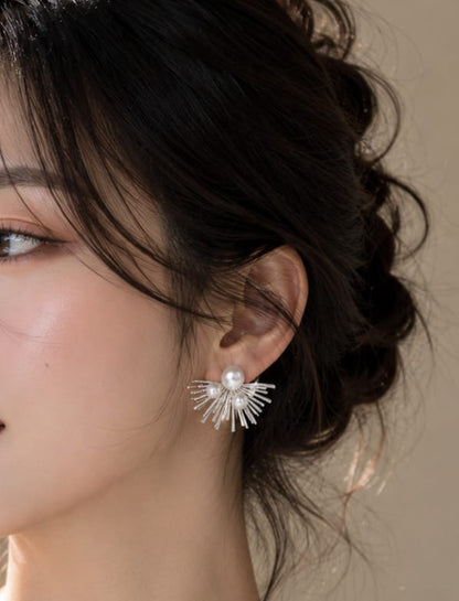 Korean White Pearl &amp; Silver Radiance Earrings