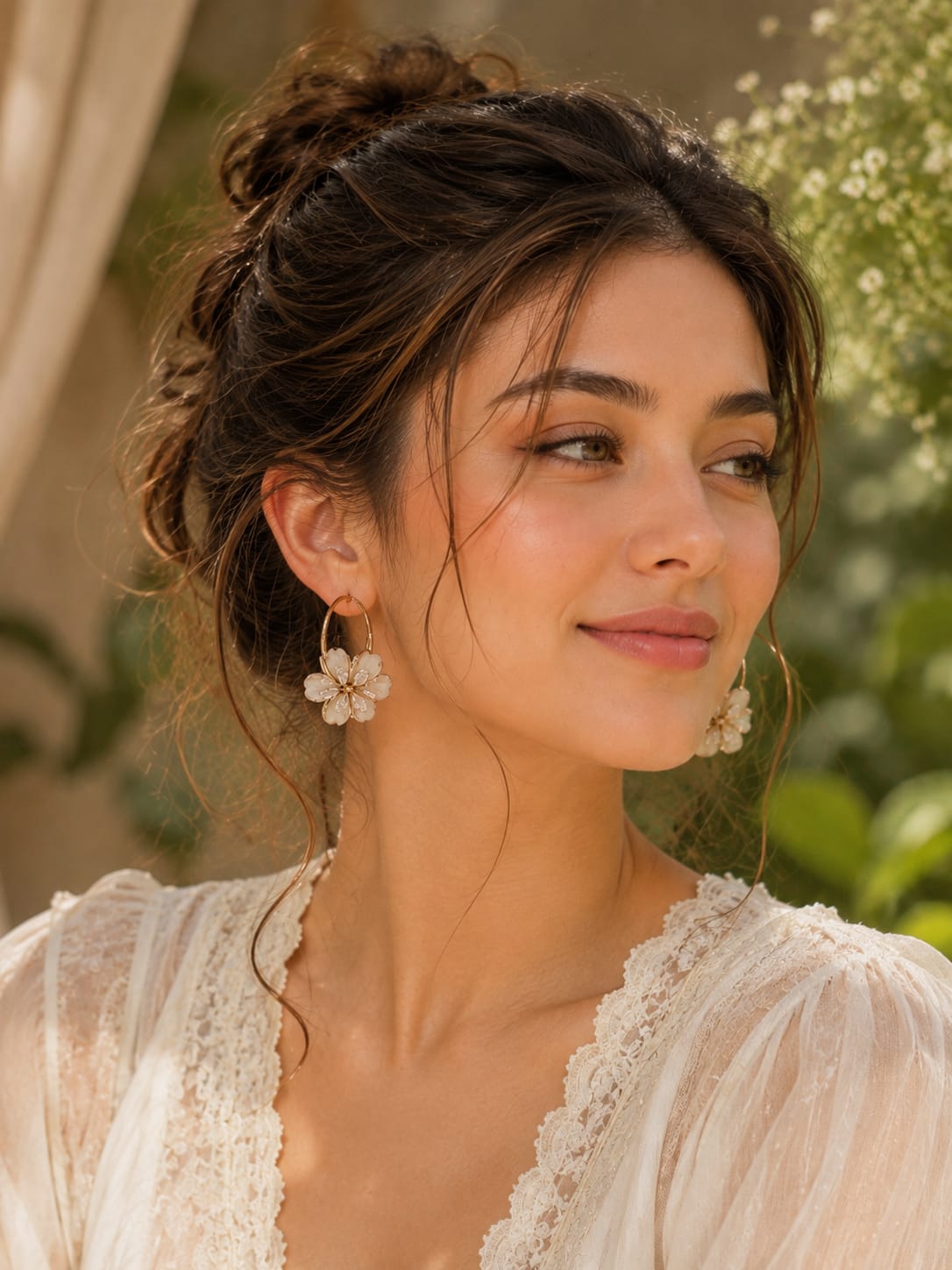 Korean Gold-Plated White Floral Hoop Earrings