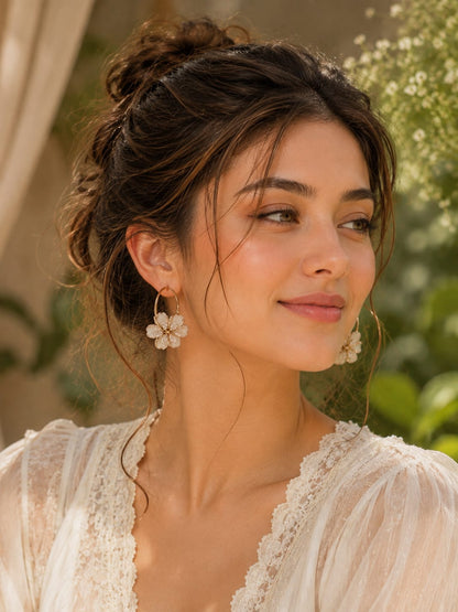 Korean Gold-Plated White Floral Hoop Earrings