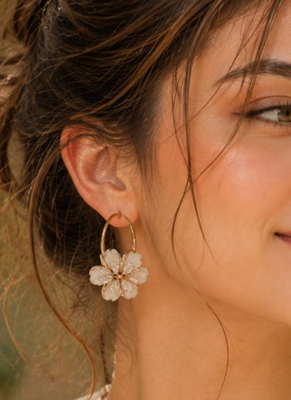 Korean Gold-Plated White Floral Hoop Earrings
